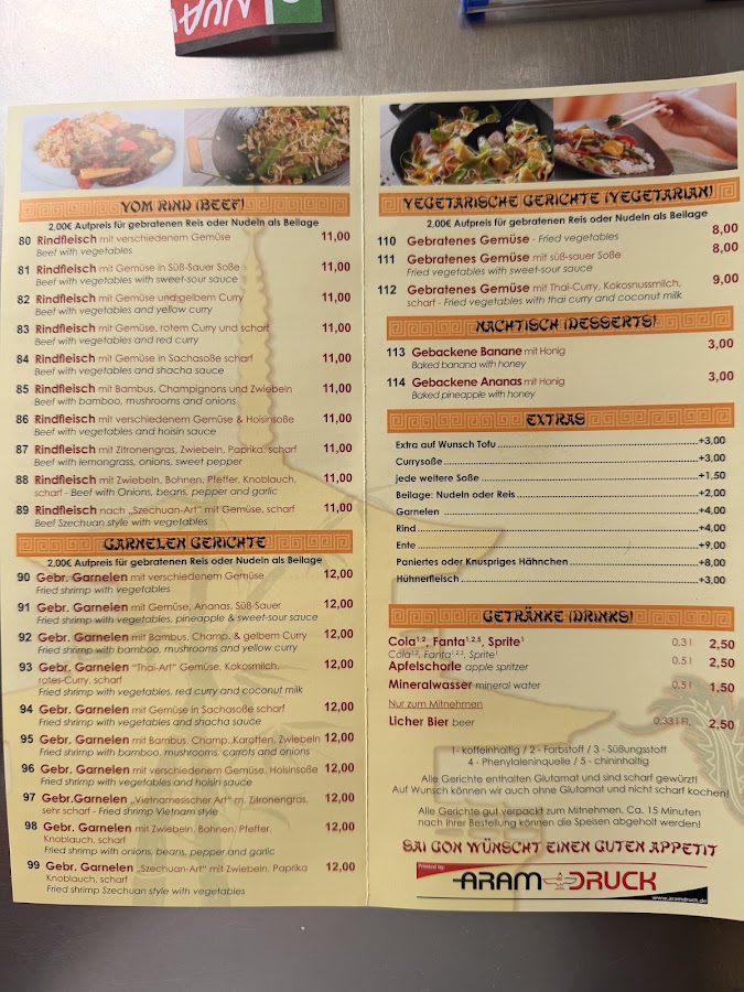 Gedruckter Menü-Flyer des Sai Gon Schnellimbiss zum Blättern